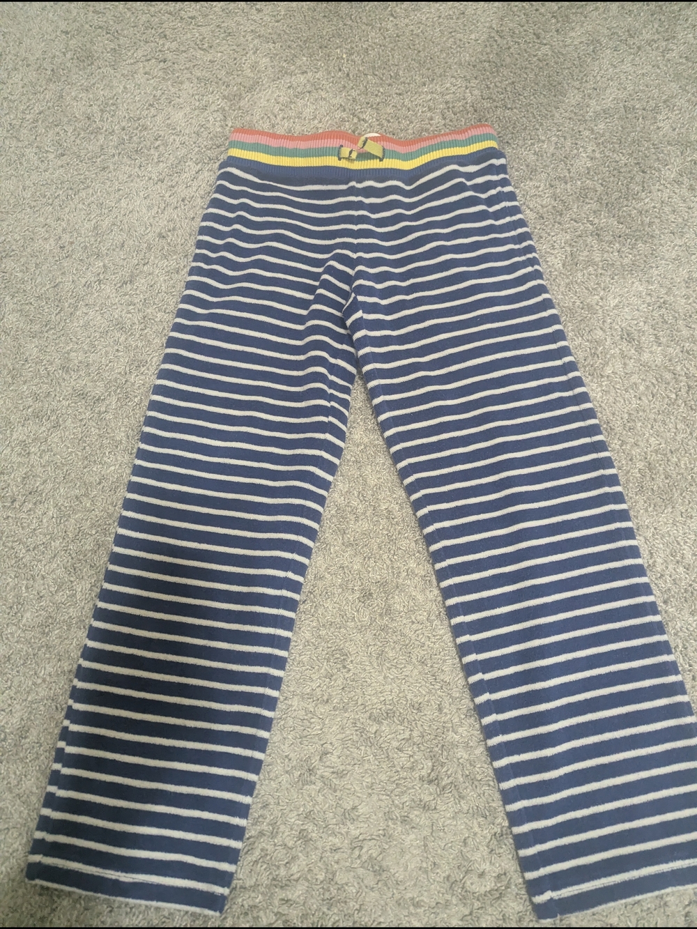 Mini Boden Navy and White Striped Swim Toweling Pants with Rainbow Waistband